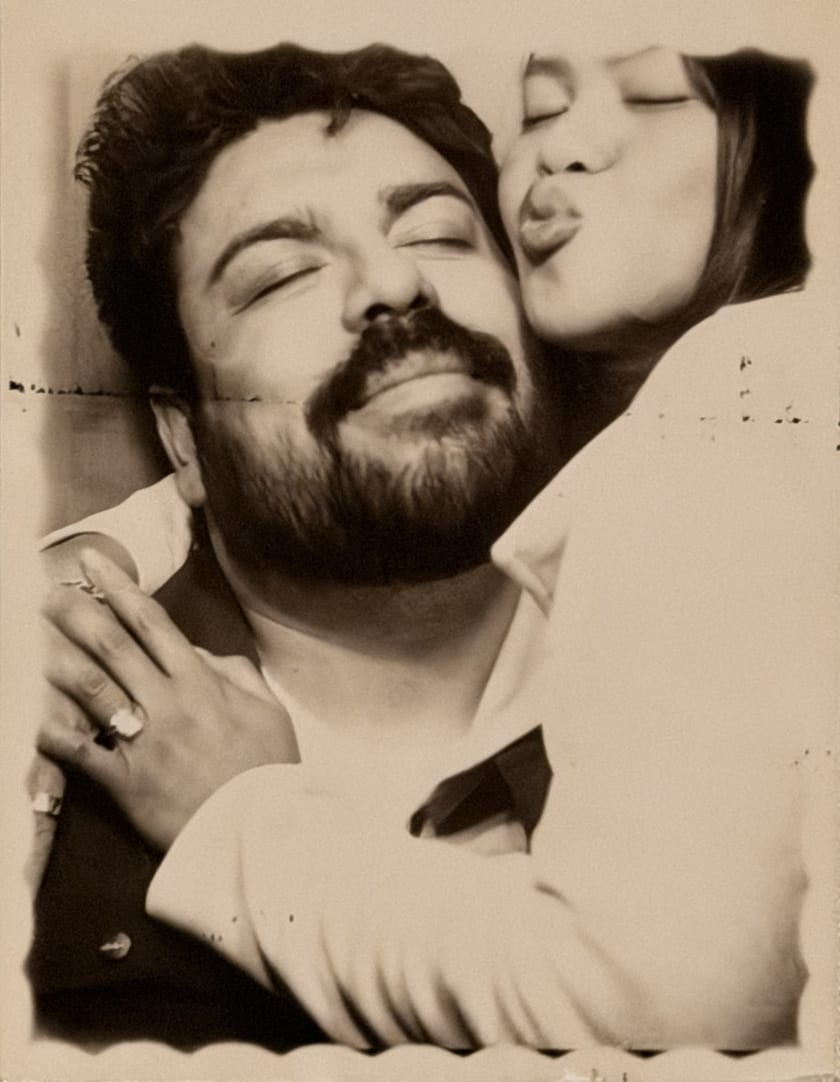 Sepia photobooth portrait of Ann and Chris close together