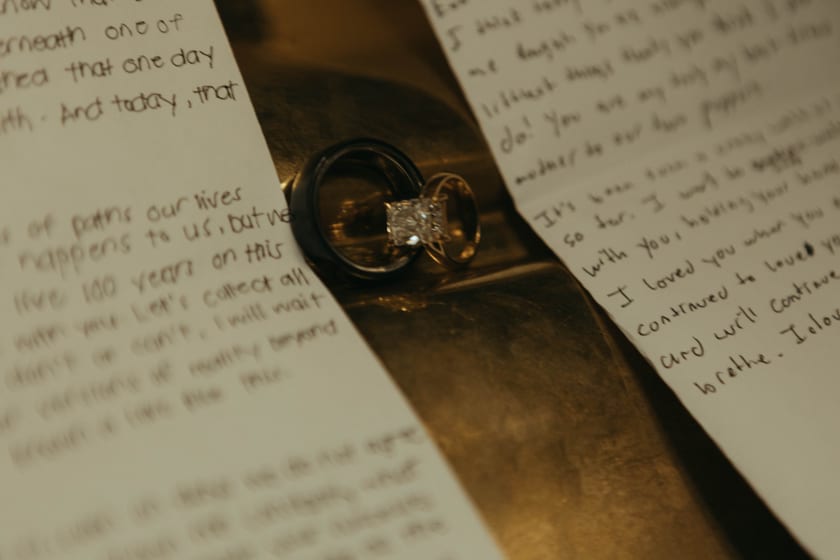 Two wedding rings resting on pages of handwritten vows